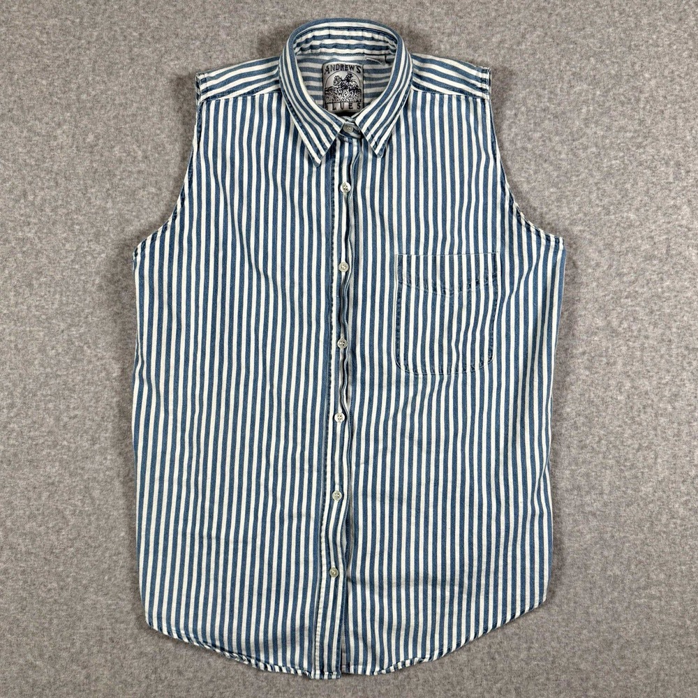 Andrew's Blues Women's L Blue White Striped Woven Cotton Sleeveless Button-Up